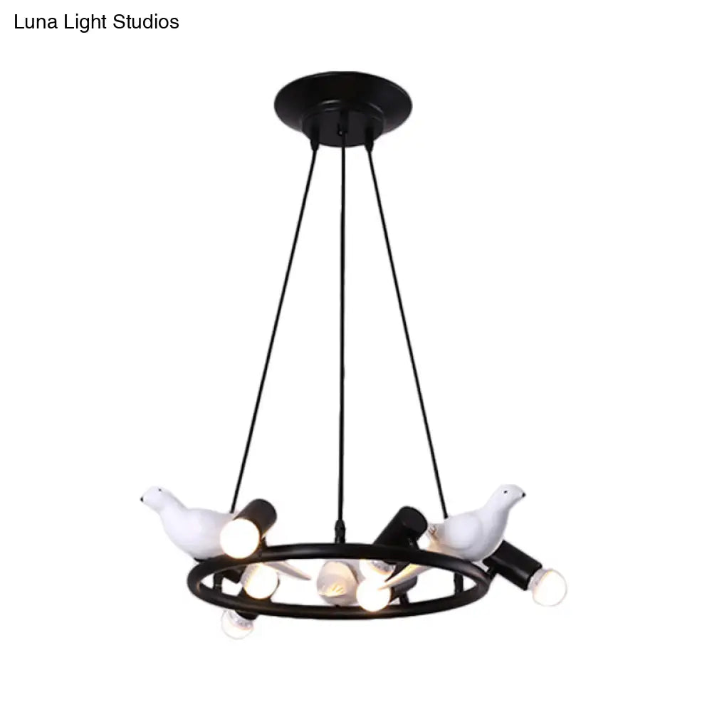 Modern Black Ring Pendant Chandelier With Bird Ornament - 6/8 Lights For Dining Room Ceiling