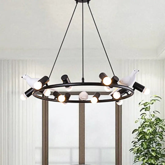 Black Metal Ring Pendant Chandelier With Bird Ornament - Modern 6/8-Light Ceiling Light For Dining