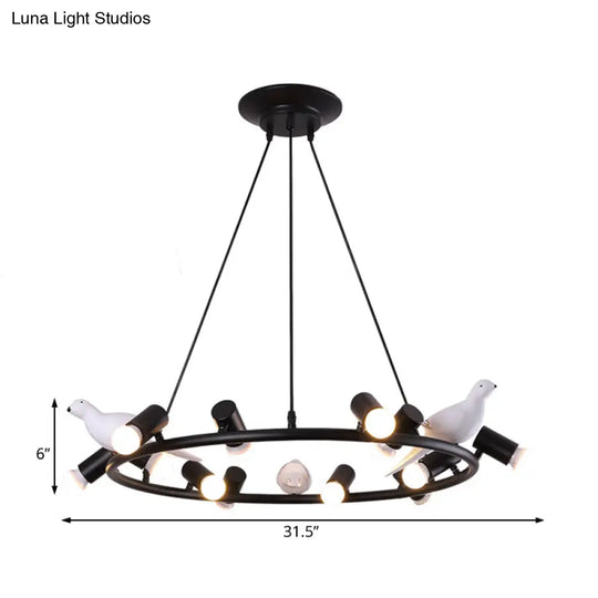 Black Metal Ring Pendant Chandelier With Bird Ornament - Modern 6/8-Light Ceiling Light For Dining