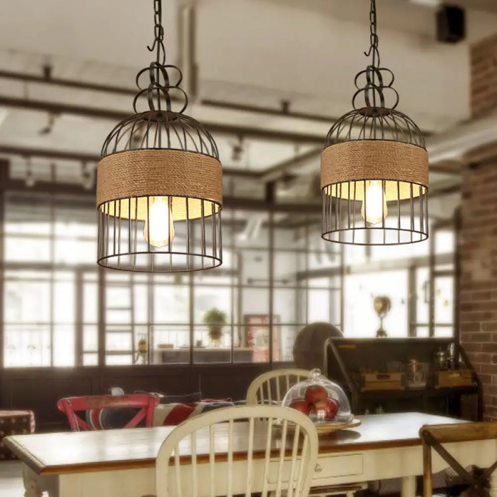 Black Metal & Rope Bird Cage Pendant Lamp For Restaurants
