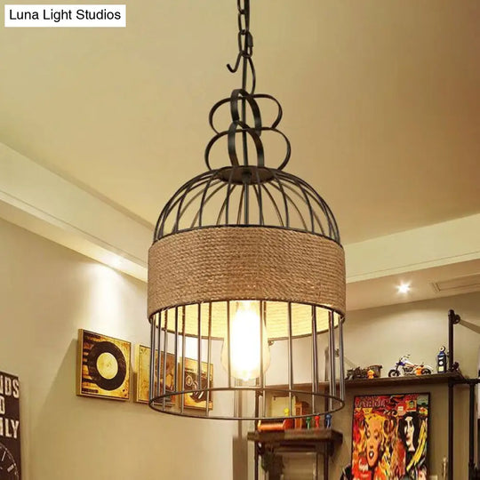Restaurant Hanging Lamp: Industrial Bird Cage Style - Metal & Rope Black Finish