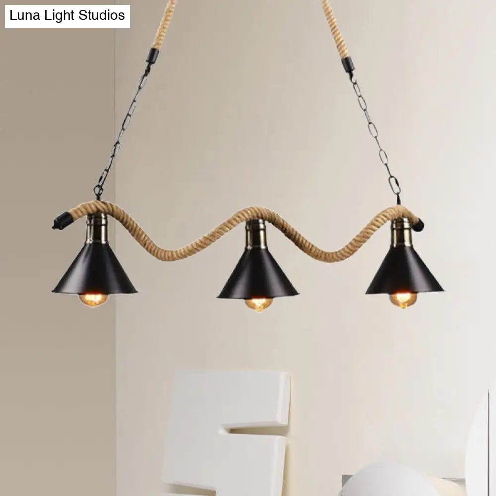 Black Metal & Rope Pendant Light - Farmhouse Style With Wavy Conic Design 3/5 Bulbs