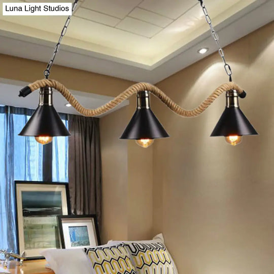 Black Metal & Rope Pendant Light - Farmhouse Style With Wavy Conic Design 3/5 Bulbs