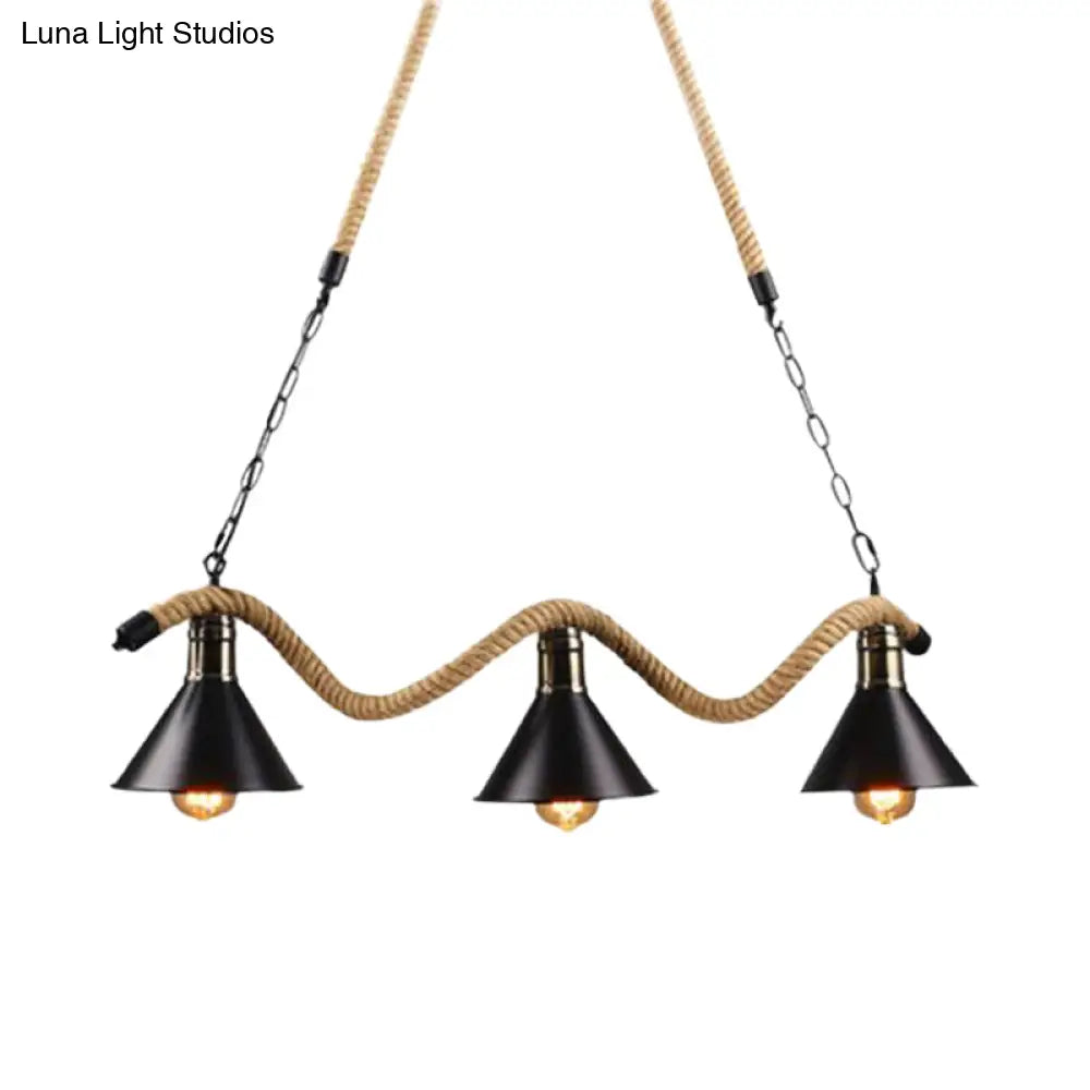 Black Metal & Rope Pendant Light - Farmhouse Style With Wavy Conic Design 3/5 Bulbs