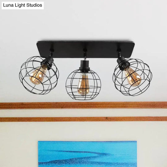 Black Metal Rotatable Ceiling Light Fixture For Restaurant - Industrial Semi Flush Mount Cage