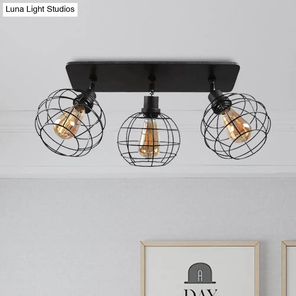 Black Metal Rotatable Ceiling Light Fixture For Restaurant - Industrial Semi Flush Mount Cage