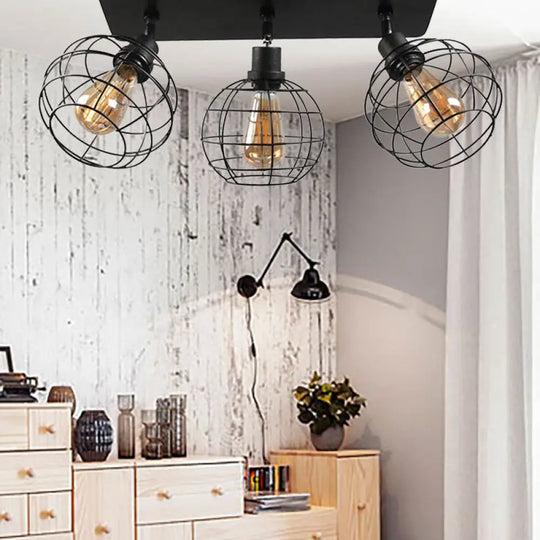 Black Metal Rotatable Ceiling Light Fixture For Restaurant - Industrial Semi Flush Mount Cage