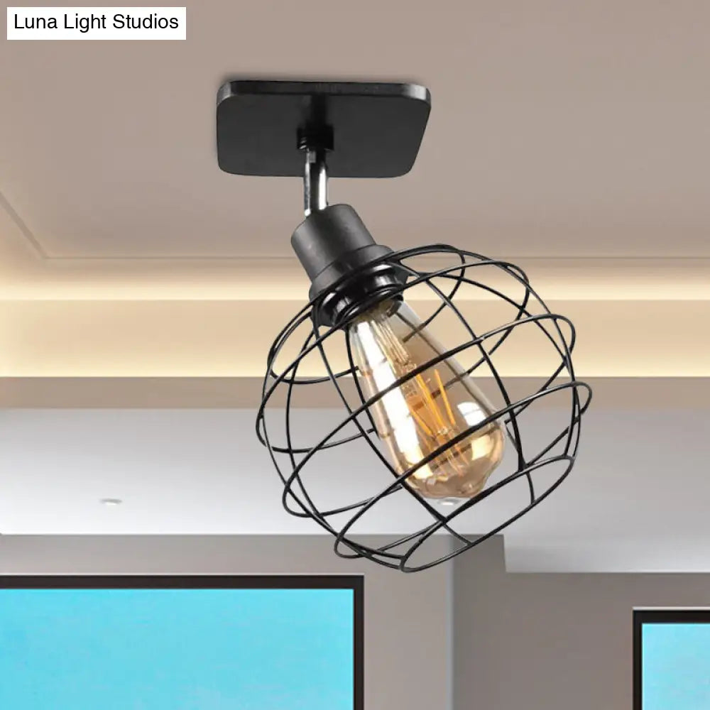 Black Metal Rotatable Ceiling Light Fixture For Restaurant - Industrial Semi Flush Mount Cage Design