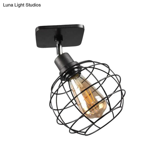 Black Metal Rotatable Ceiling Light Fixture For Restaurant - Industrial Semi Flush Mount Cage