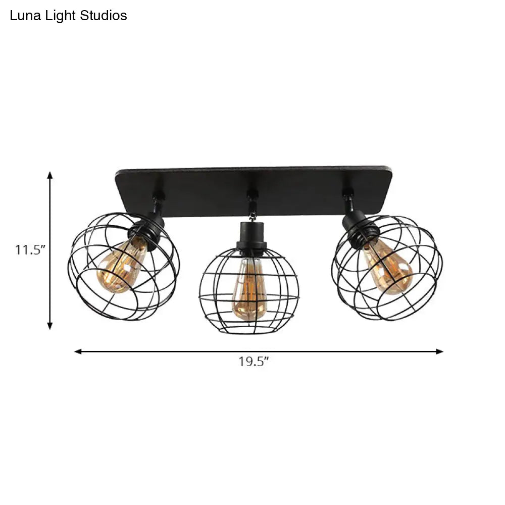 Black Metal Rotatable Ceiling Light Fixture For Restaurant - Industrial Semi Flush Mount Cage Design