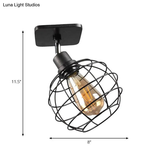 Black Metal Rotatable Ceiling Light Fixture For Restaurant - Industrial Semi Flush Mount Cage Design