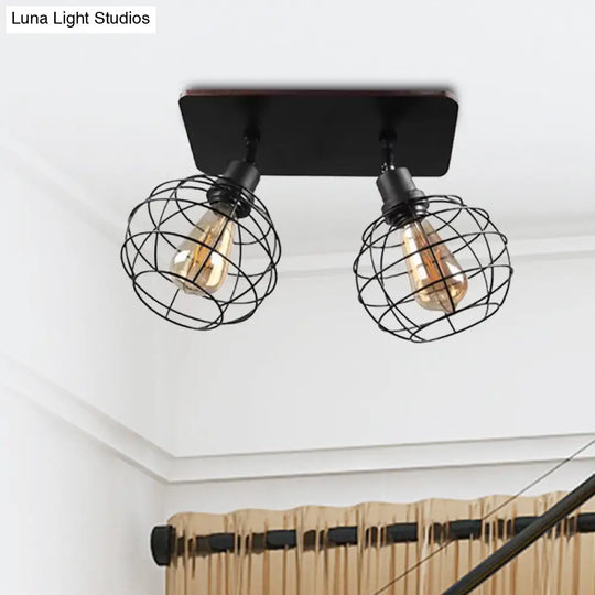 Black Metal Rotatable Ceiling Light Fixture For Restaurant - Industrial Semi Flush Mount Cage