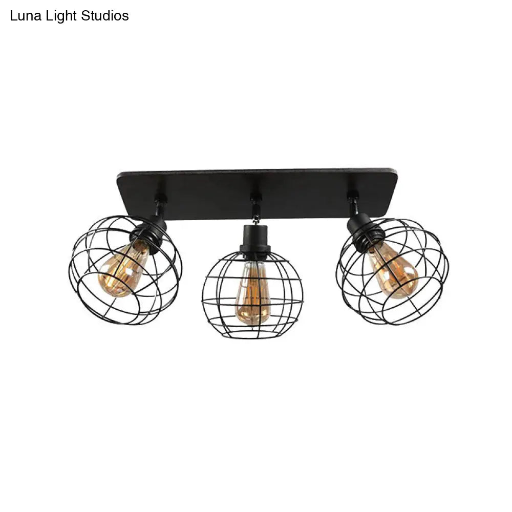 Black Metal Rotatable Ceiling Light Fixture For Restaurant - Industrial Semi Flush Mount Cage Design