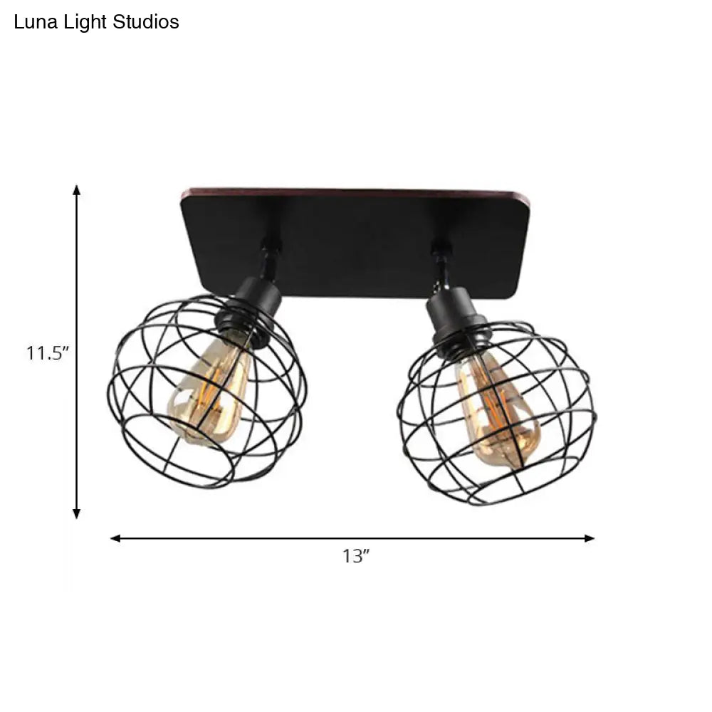 Black Metal Rotatable Ceiling Light Fixture For Restaurant - Industrial Semi Flush Mount Cage Design