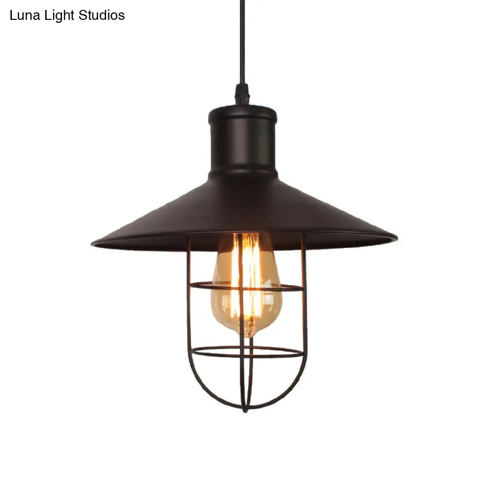 Black Metal Saucer Pendant Lamp With Cage Bottom - Industrial Style 1 Head Hanging Light