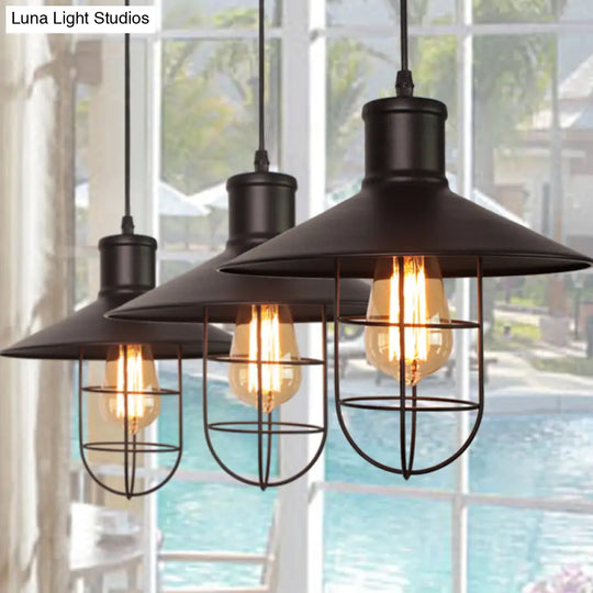 Black Metal Saucer Pendant Lamp With Cage Bottom - Industrial Style 1 Head Hanging Light