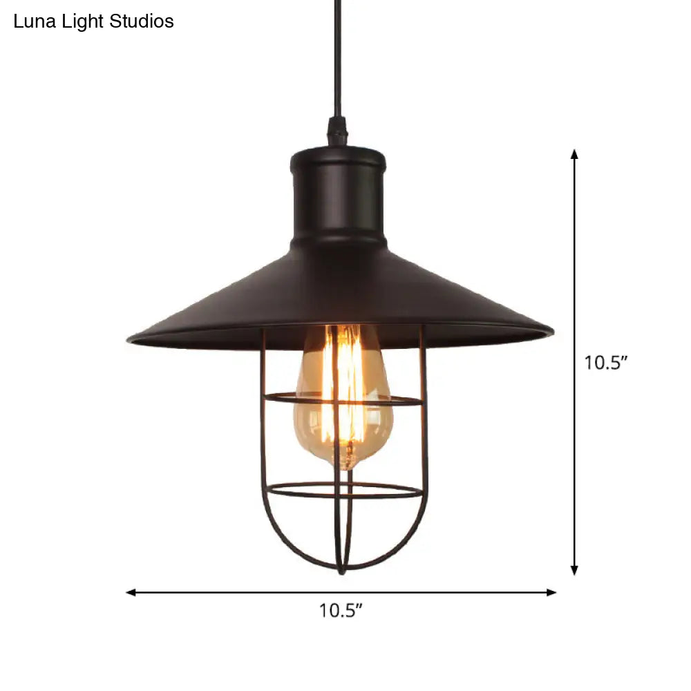 Black Metal Saucer Pendant Lamp With Cage Bottom - Industrial Style 1 Head Hanging Light