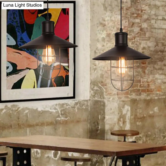 Black Industrial Pendant Lamp - Metal Hanging Light With Cage Bottom