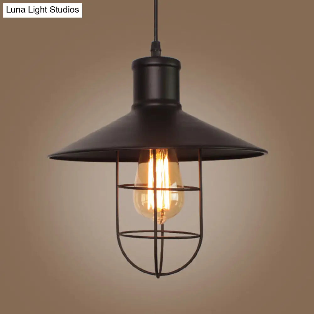 Black Metal Saucer Pendant Lamp With Cage Bottom - Industrial Style 1 Head Hanging Light