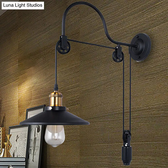 Black Metal Sconce Lighting - Industrial Single Bulb Wall Mounted Lamp With Pulley For Dining Room