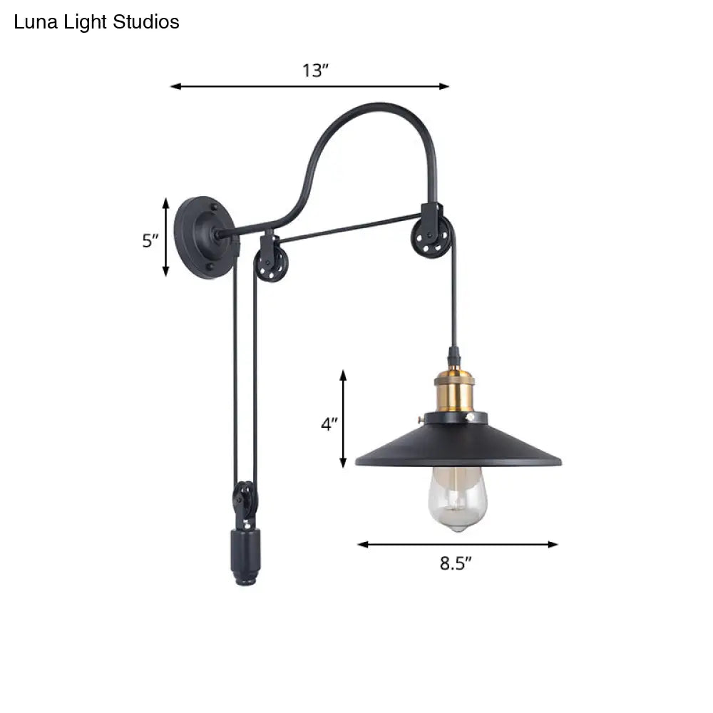 Black Metal Sconce Lighting - Industrial Single Bulb Wall Mounted Lamp With Pulley For Dining Room