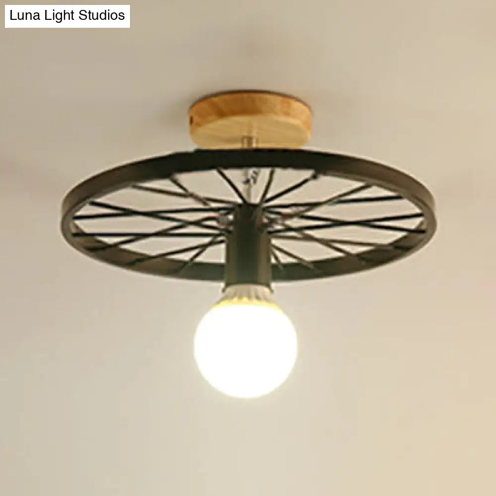 Black Metal Semi Flush Mount Ceiling Light - Chic Industrial Cone/Sputnik Design With Open Cage /