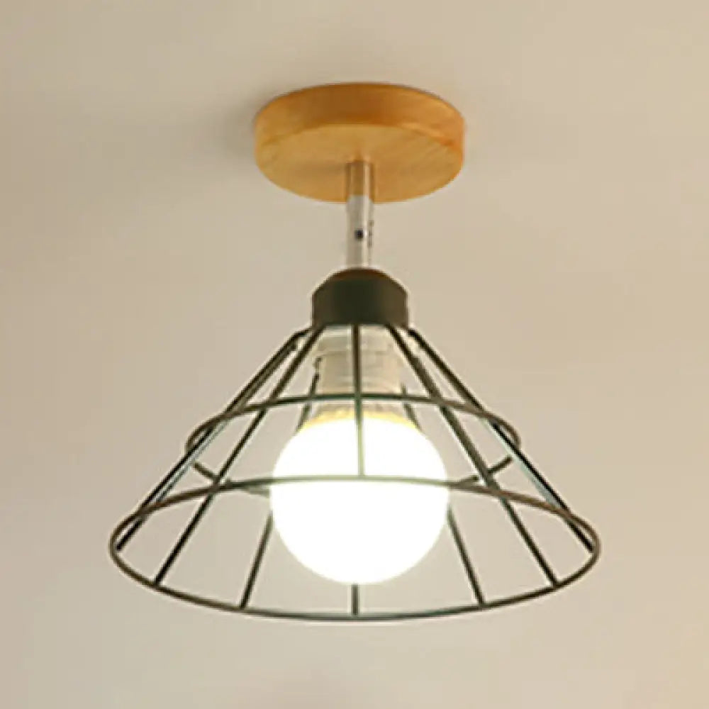 Black Metal Semi Flush Mount Ceiling Light - Chic Industrial Cone/Sputnik Design With Open Cage /