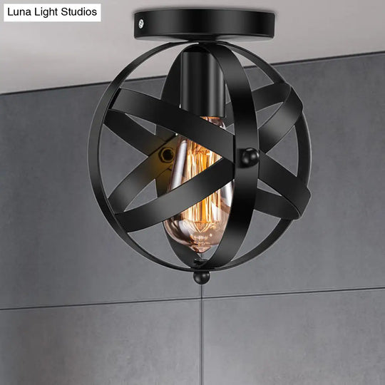 Black Metal Semi Flush Mount Ceiling Light With Single Bulb & Industrial Strap Globe