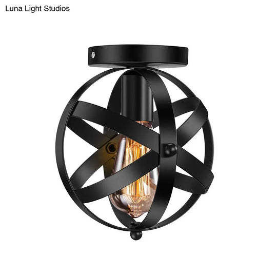 Black Metal Semi Flush Mount Ceiling Light With Single Bulb & Industrial Strap Globe