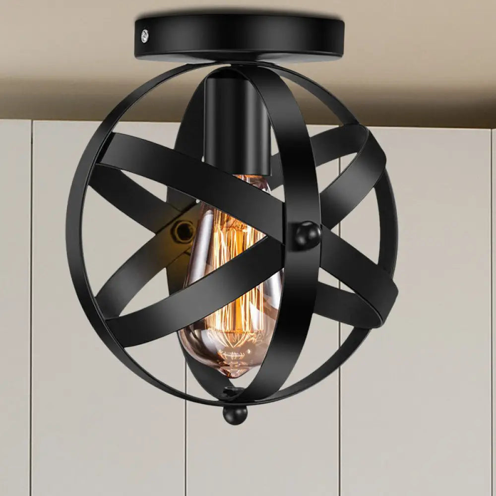 Black Metal Semi Flush Mount Ceiling Light With Single Bulb & Industrial Strap Globe