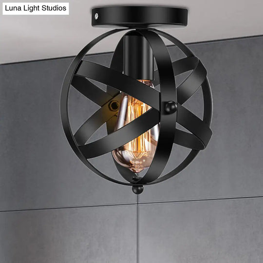 Black Metal Semi Flush Mount Ceiling Light With Single Bulb & Industrial Strap Globe