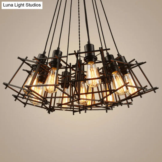 Black Metal Square Caged Chandelier - 10-Light Industrial Pendant Light For Dining Room