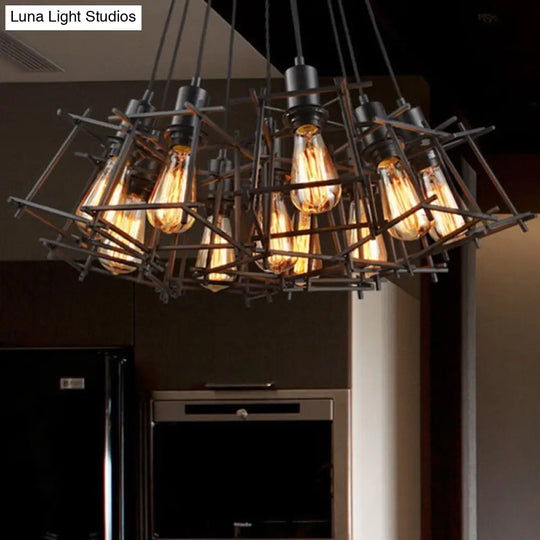 Modern Industrial Metal Square Caged 10-Light Pendant Chandelier In Black