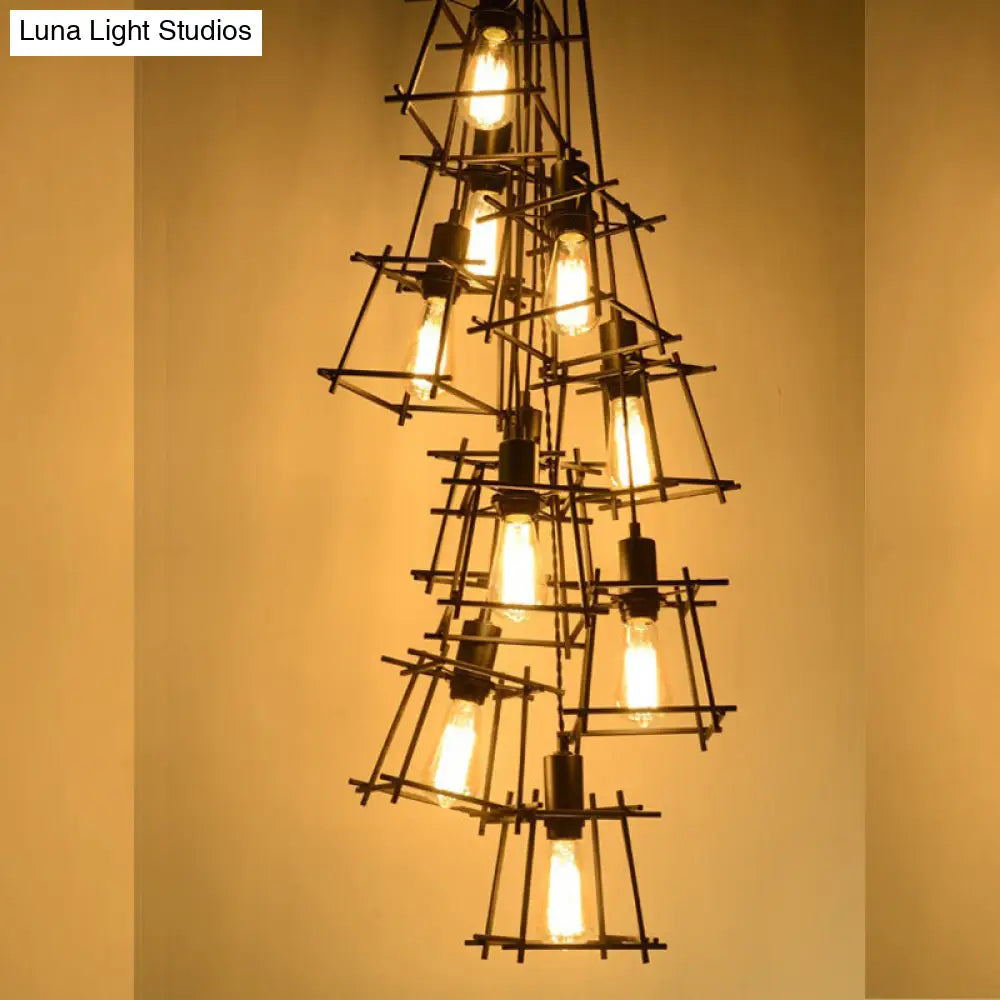 Black Metal Square Caged Chandelier - 10-Light Industrial Pendant Light For Dining Room