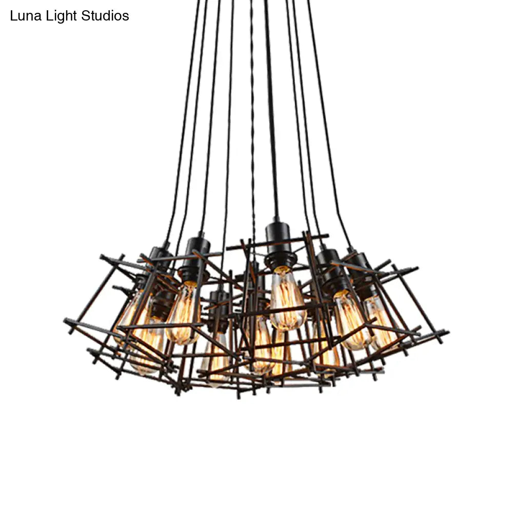 Black Metal Square Caged Chandelier - 10-Light Industrial Pendant Light For Dining Room