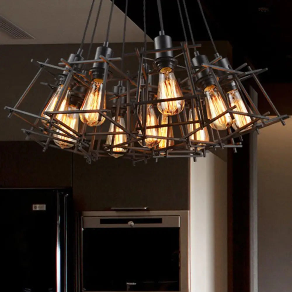 Black Metal Square Caged Chandelier - 10-Light Industrial Pendant Light For Dining Room