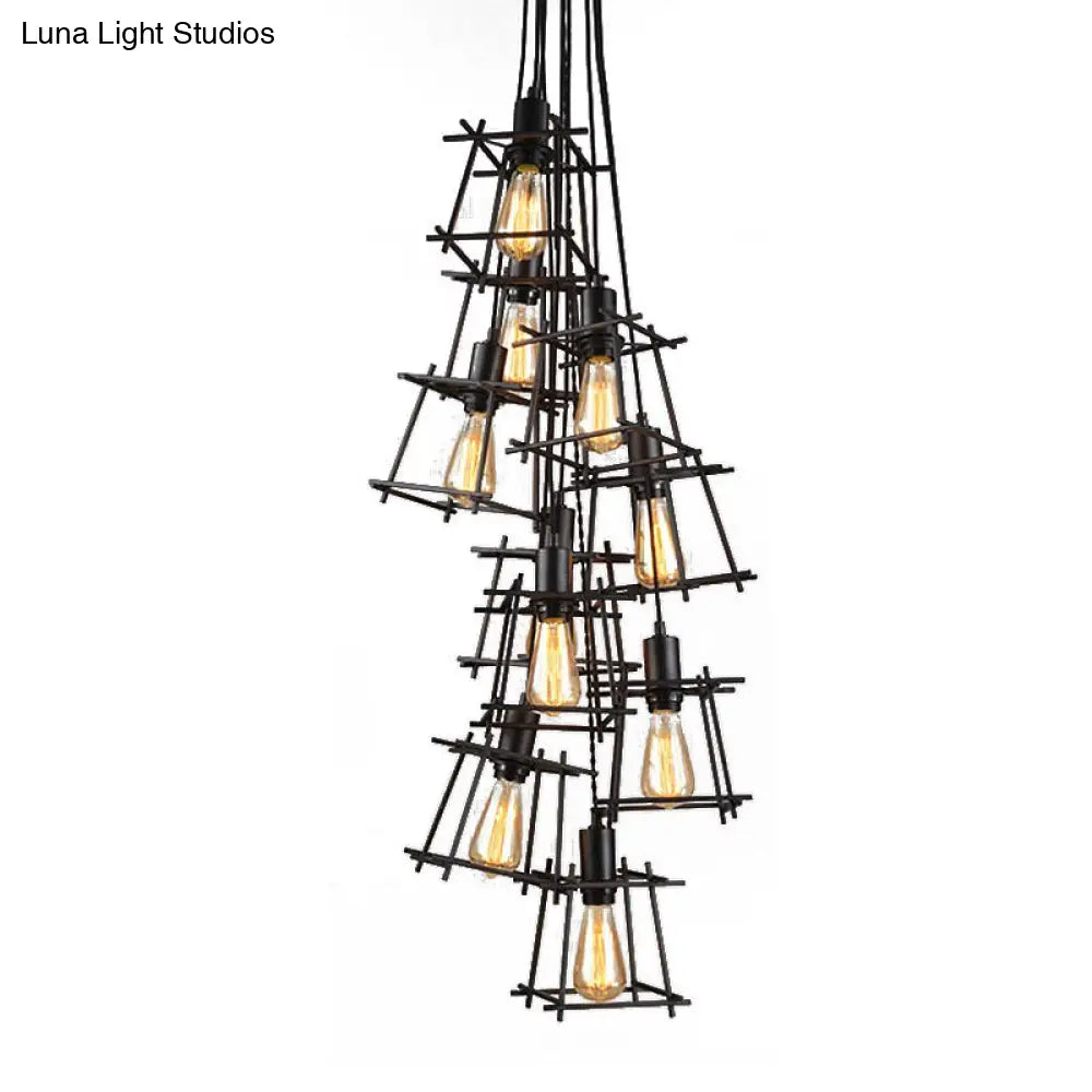 Modern Industrial Metal Square Caged 10-Light Pendant Chandelier In Black