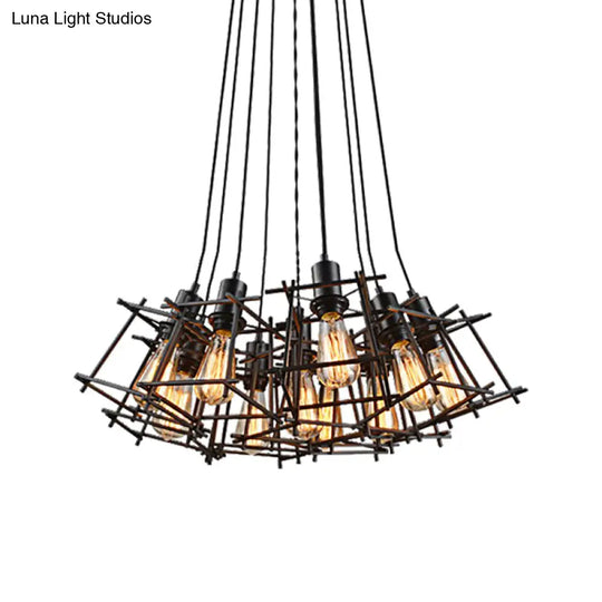 Modern Industrial Metal Square Caged 10-Light Pendant Chandelier In Black