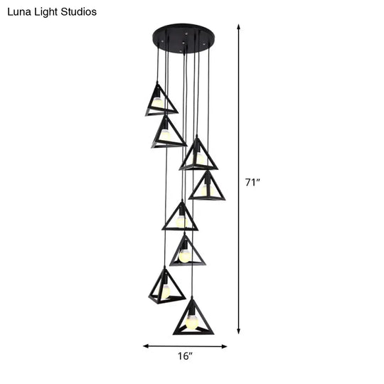 Black Metal Triangle Suspension Lamp - Modern Design 8 Lights Multi Hanging Light Fixture