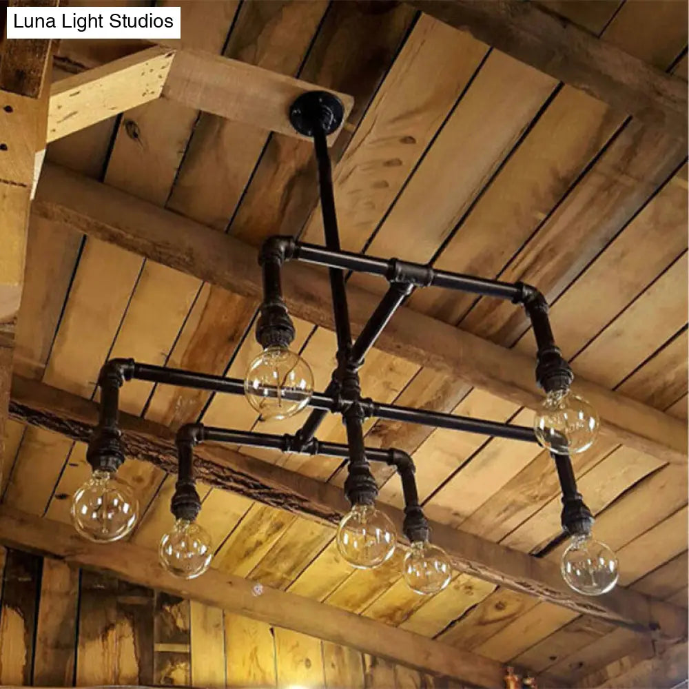 Black Metal Water Pipe Chandelier - Industrial 7-Head Dining Room Pendant Light Fixture