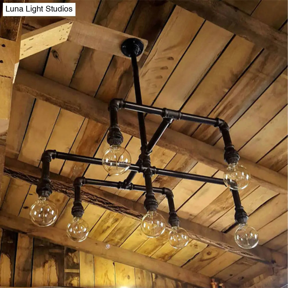 Black Metal Water Pipe Chandelier Lamp - Industrial 7-Head Pendant Lighting Fixture For Dining Room