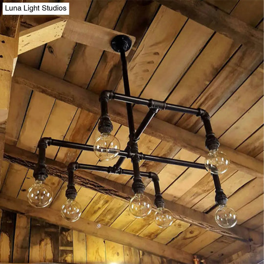 Black Metal Water Pipe Chandelier Lamp - Industrial 7-Head Pendant Lighting Fixture For Dining Room