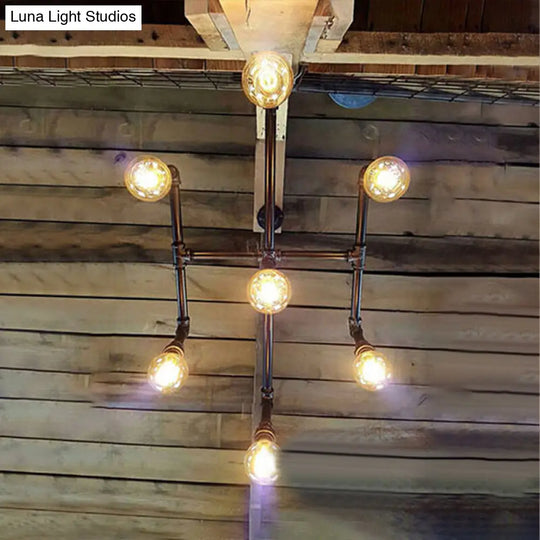 Black Metal Water Pipe Chandelier - Industrial 7-Head Dining Room Pendant Light Fixture