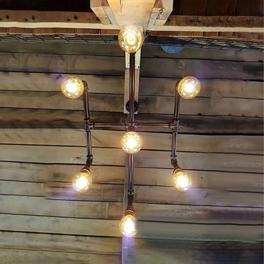 Black Metal Water Pipe Chandelier Lamp - Industrial 7-Head Pendant Lighting Fixture For Dining Room