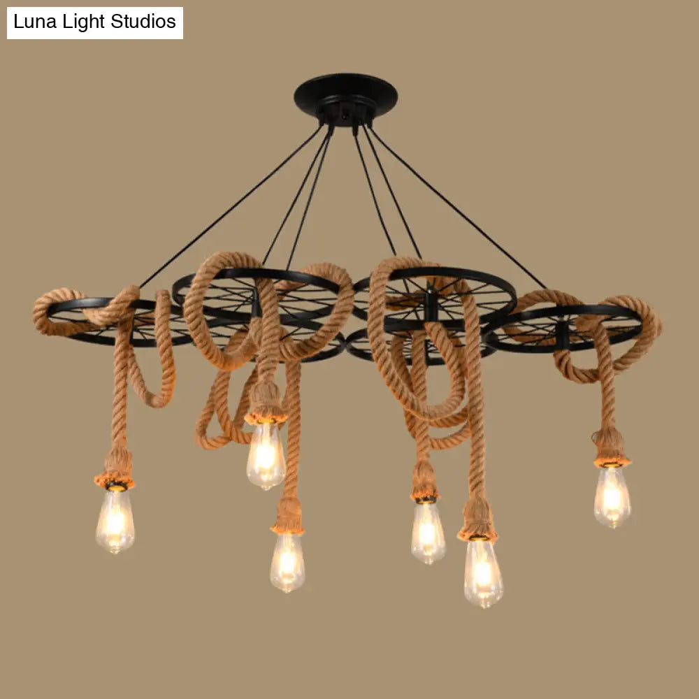 Black Metal Wheel Hanging Light With Open Bulb Design For Dining Room Chandelier 6 /