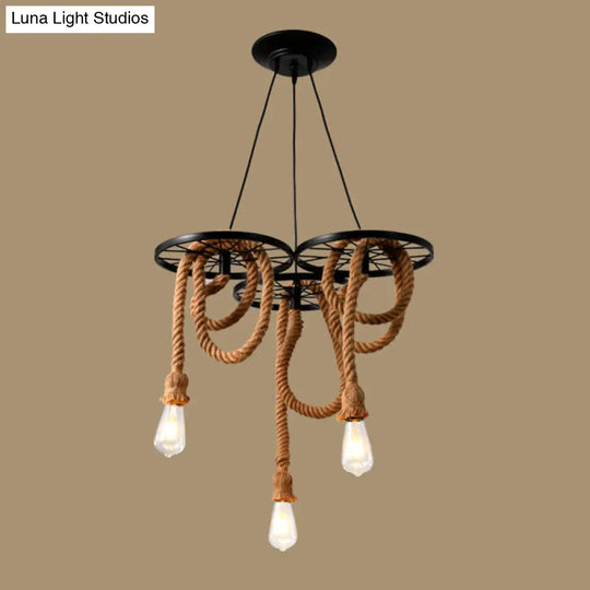 Black Metal Wheel Hanging Light With Open Bulb Design For Dining Room Chandelier 3 /