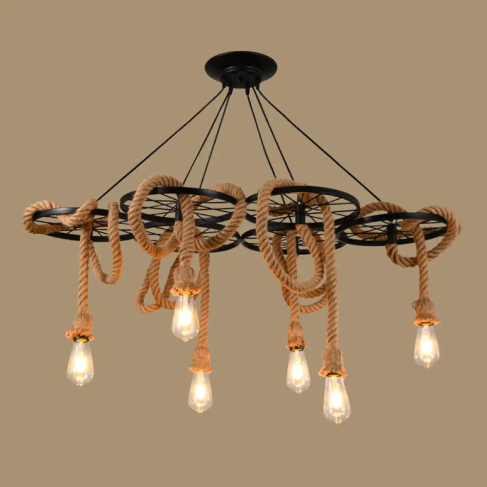 Black Metal Wheel Chandelier With Open Bulb Design - Perfect For Dining Room Lighting 6 /