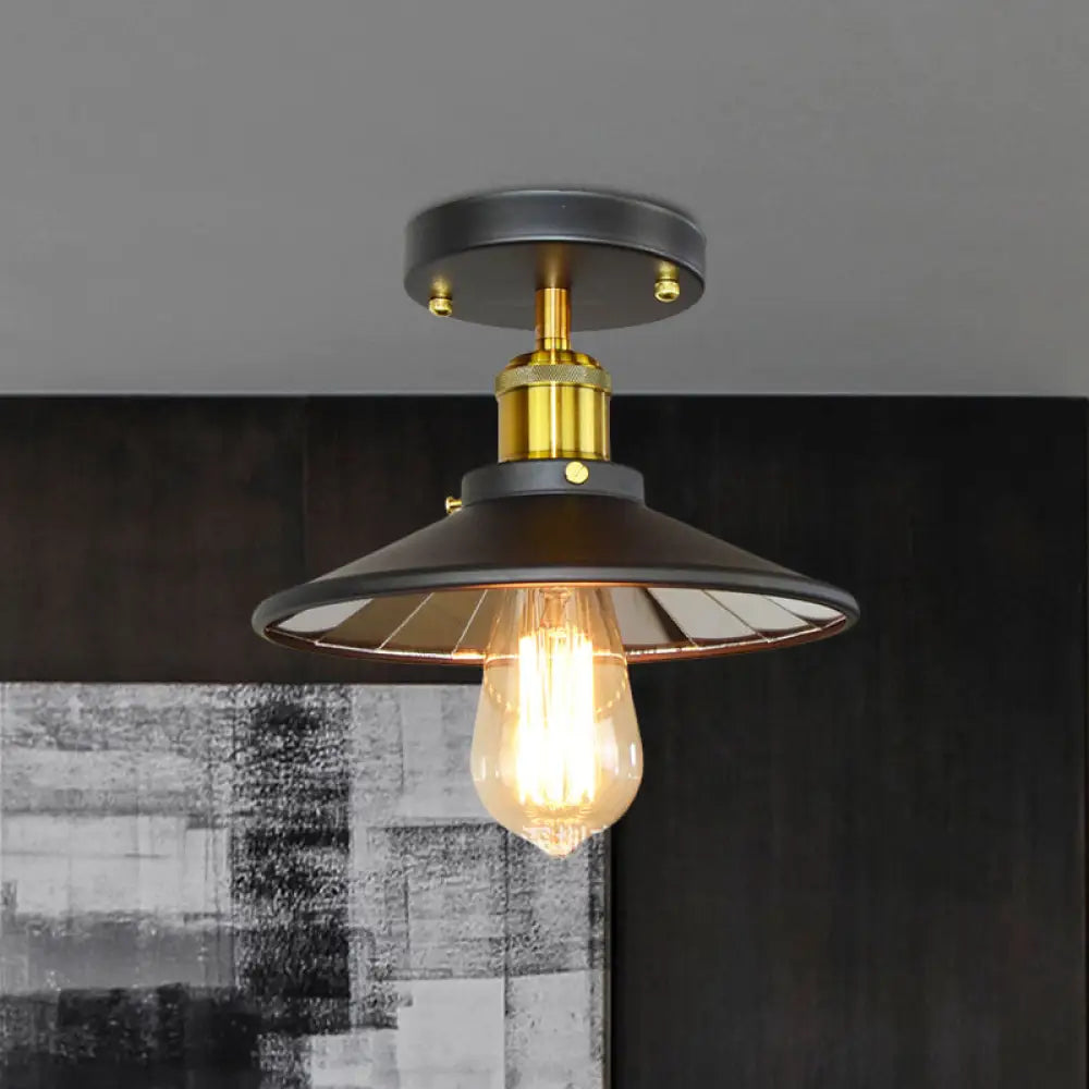 Black Metal Wide Flare Semi Flush Industrial Ceiling Lamp - 1 - Light For Study Room