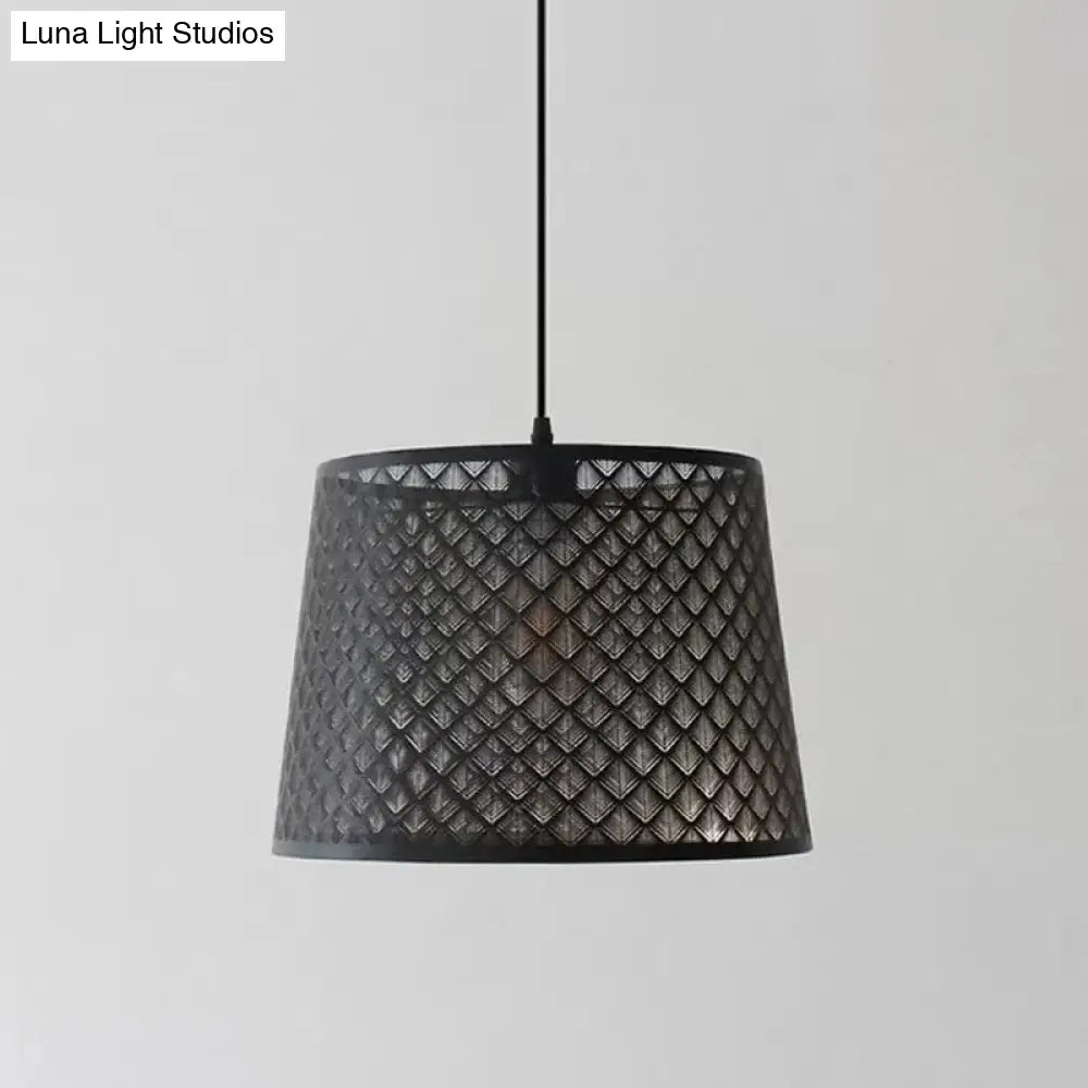 Black Metal Wire Cage Pendant Lamp With Etched Tree Patterned Drum Shade For Dining Room