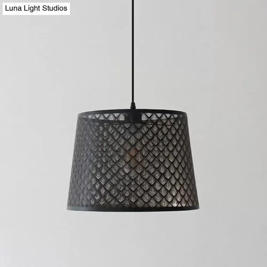 Black Metal Wire Cage Pendant Lamp With Etched Tree Patterned Drum Shade For Dining Room